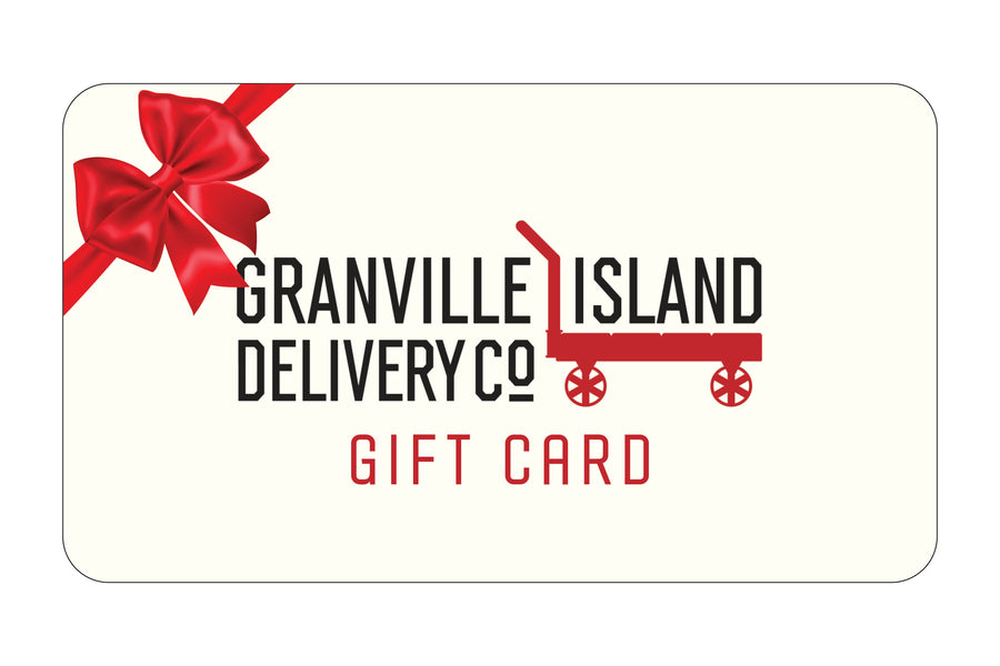 A depiction of a virtual gift card has the Granville Island Delivery logo with a red bow.